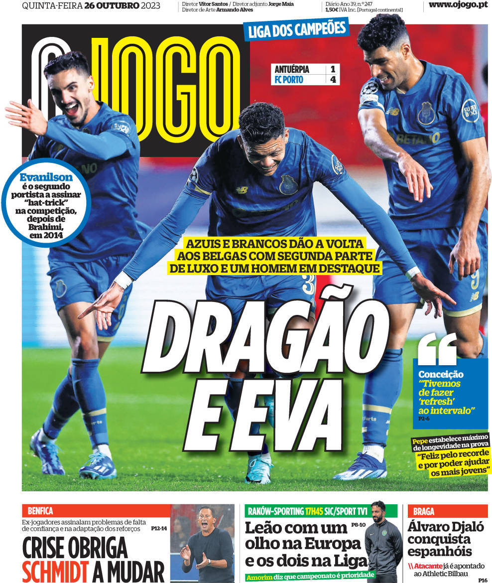 O Jogo: Capa da Edi&ccedil;&atilde;o de quinta-feira, 26 de outubro 2023