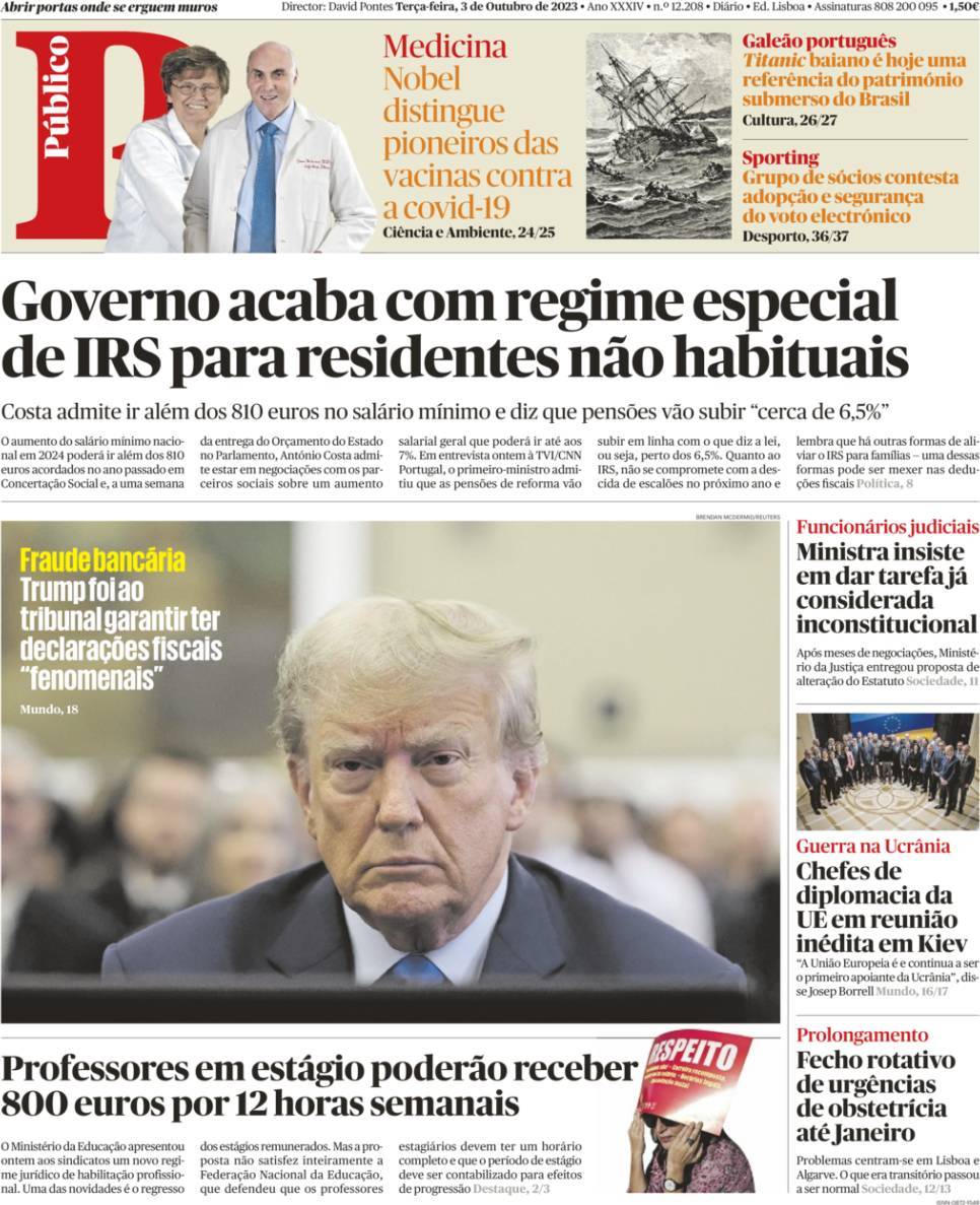 P&uacute;blico: Capa da Edi&ccedil;&atilde;o de ter&ccedil;a-feira, 03 de outubro 2023