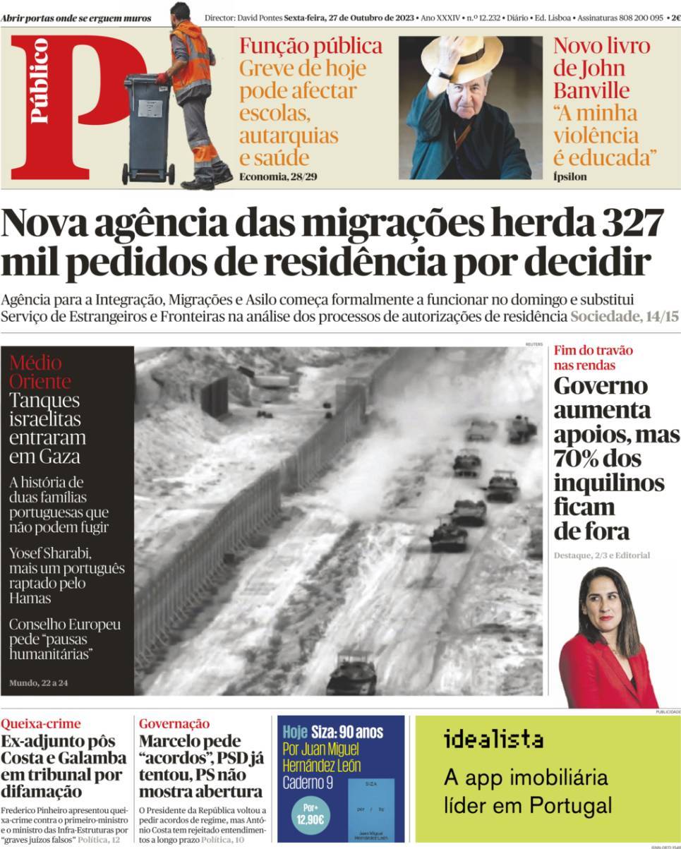 P&uacute;blico: Capa da Edi&ccedil;&atilde;o de sexta-feira, 27 de outubro 2023