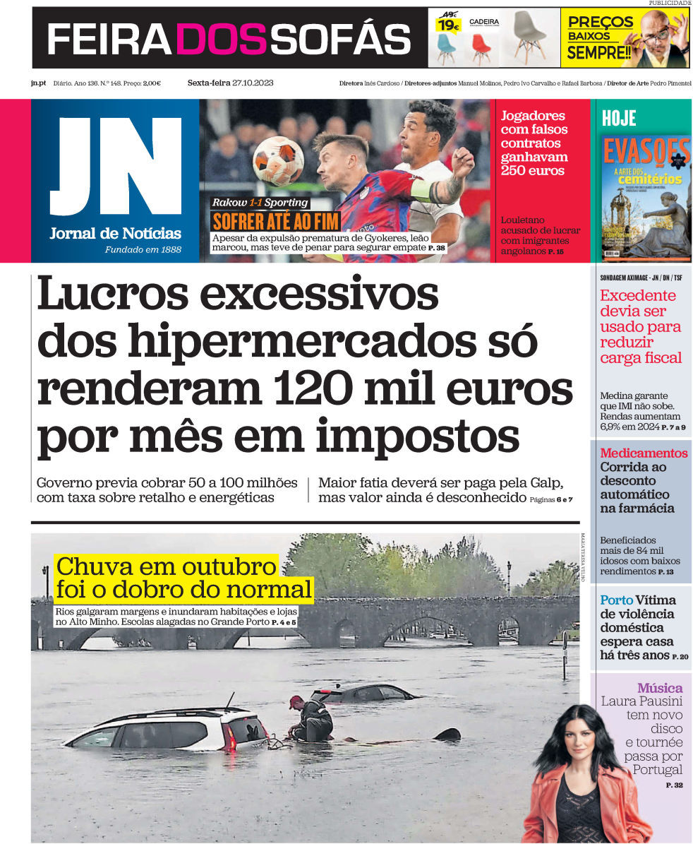 Jornal de Not&iacute;cias: Capa da Edi&ccedil;&atilde;o de sexta-feira, 27 de outubro 2023