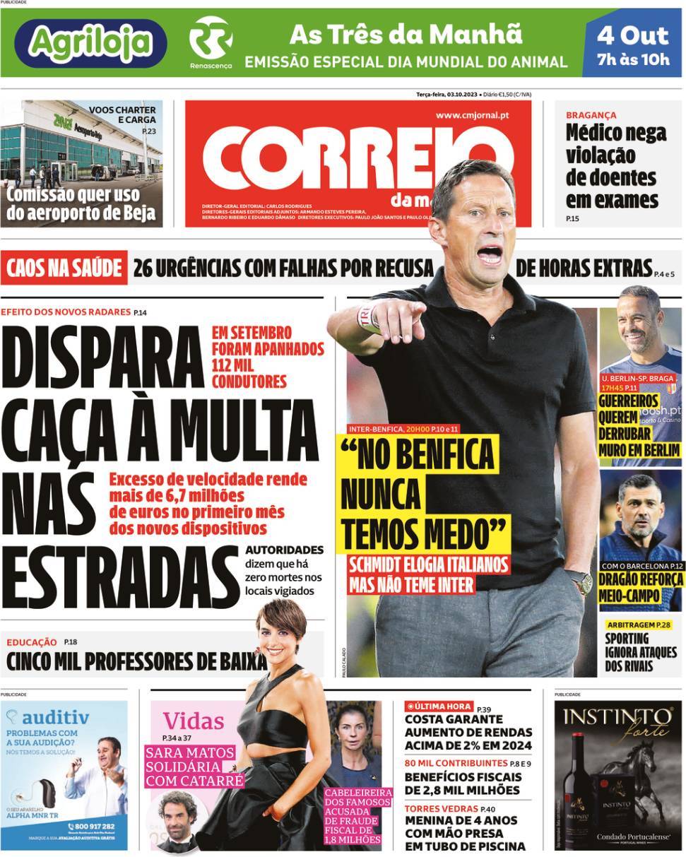 Correio da Manh&atilde;: Capa da Edi&ccedil;&atilde;o de ter&ccedil;a-feira, 03 de outubro 2023