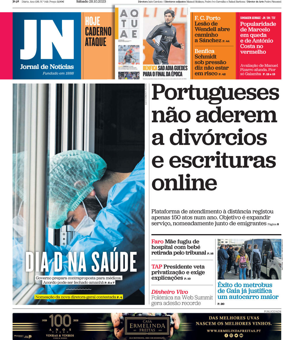 Jornal de Not&iacute;cias: Capa da Edi&ccedil;&atilde;o de s&aacute;bado, 28 de outubro 2023
