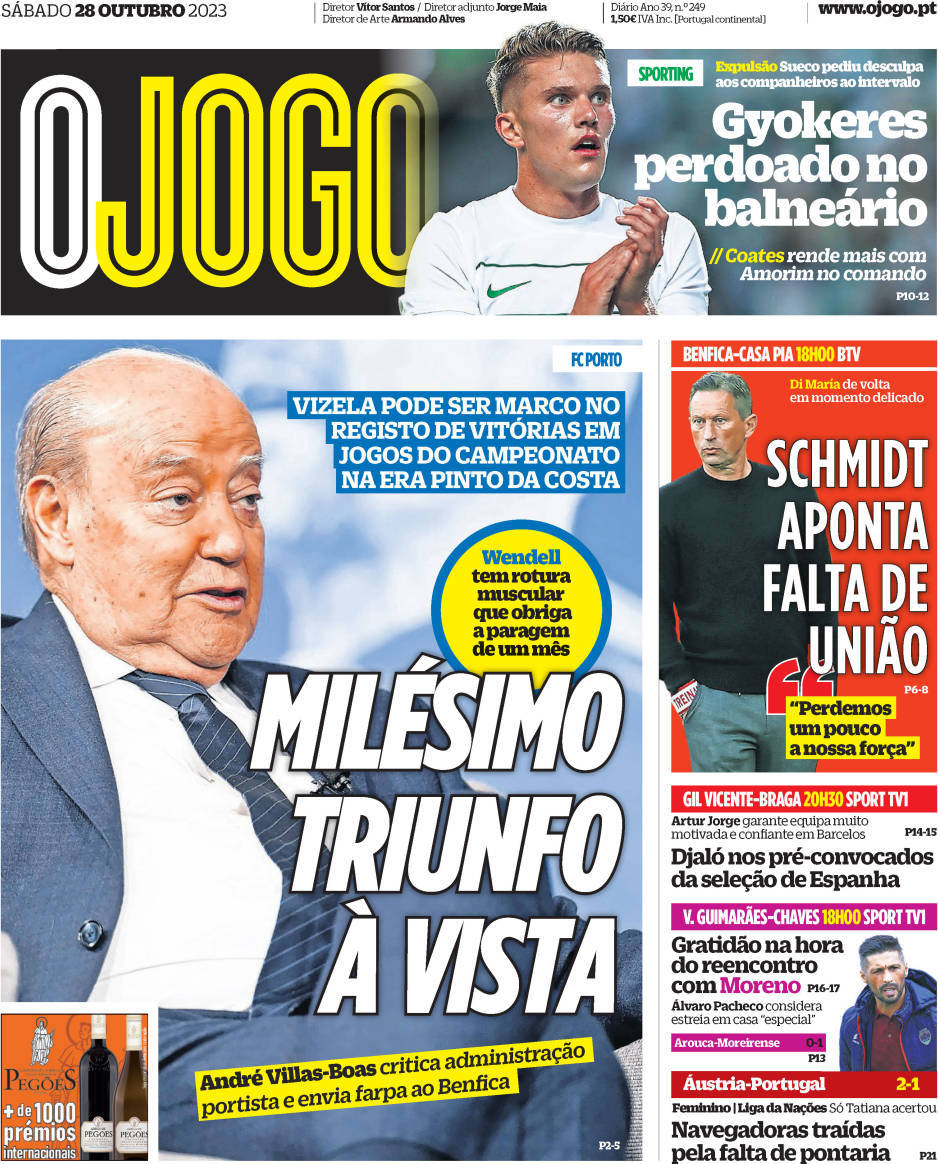 O Jogo: Capa da Edi&ccedil;&atilde;o de s&aacute;bado, 28 de outubro 2023