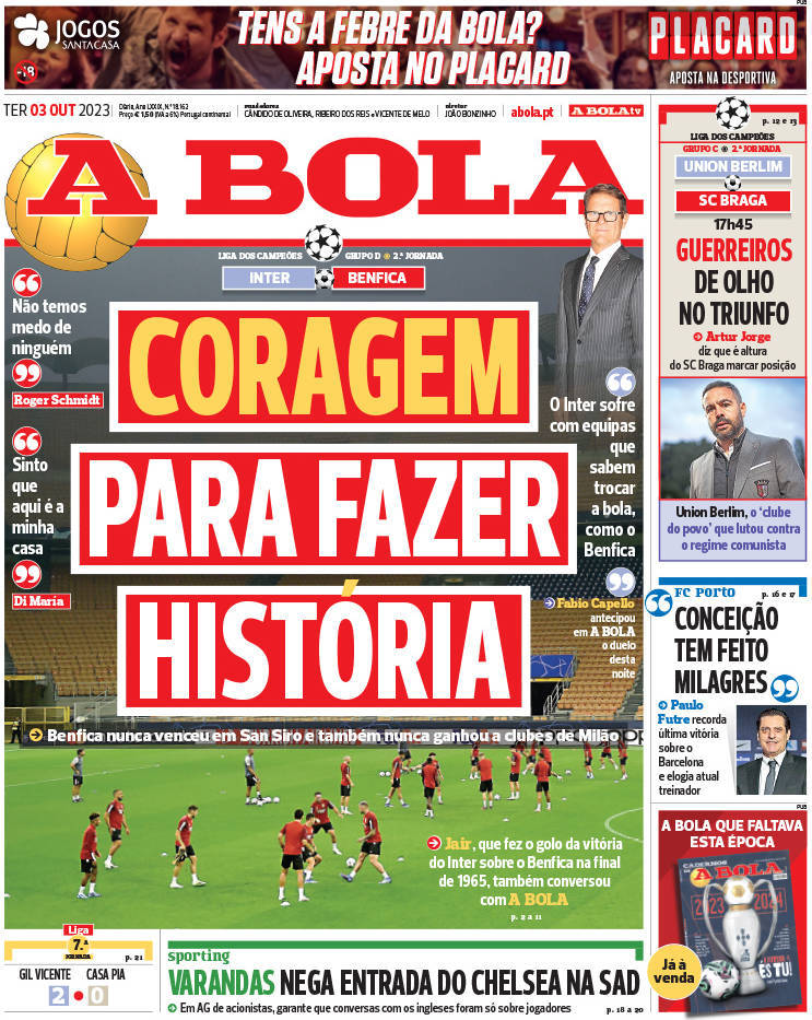 A Bola: Capa da Edi&ccedil;&atilde;o de ter&ccedil;a-feira, 03 de outubro 2023