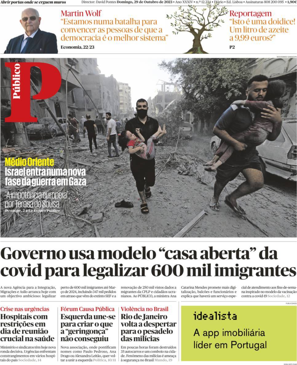 P&uacute;blico: Capa da Edi&ccedil;&atilde;o de domingo, 29 de outubro 2023