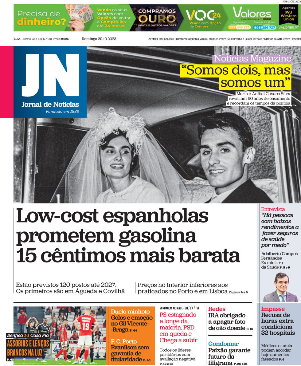 Jornal de Not&iacute;cias: Capa da Edi&ccedil;&atilde;o de domingo, 29 de outubro 2023