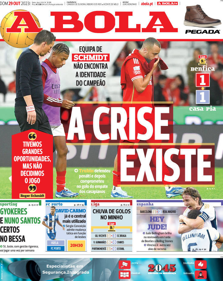 A Bola: Capa da Edi&ccedil;&atilde;o de domingo, 29 de outubro 2023