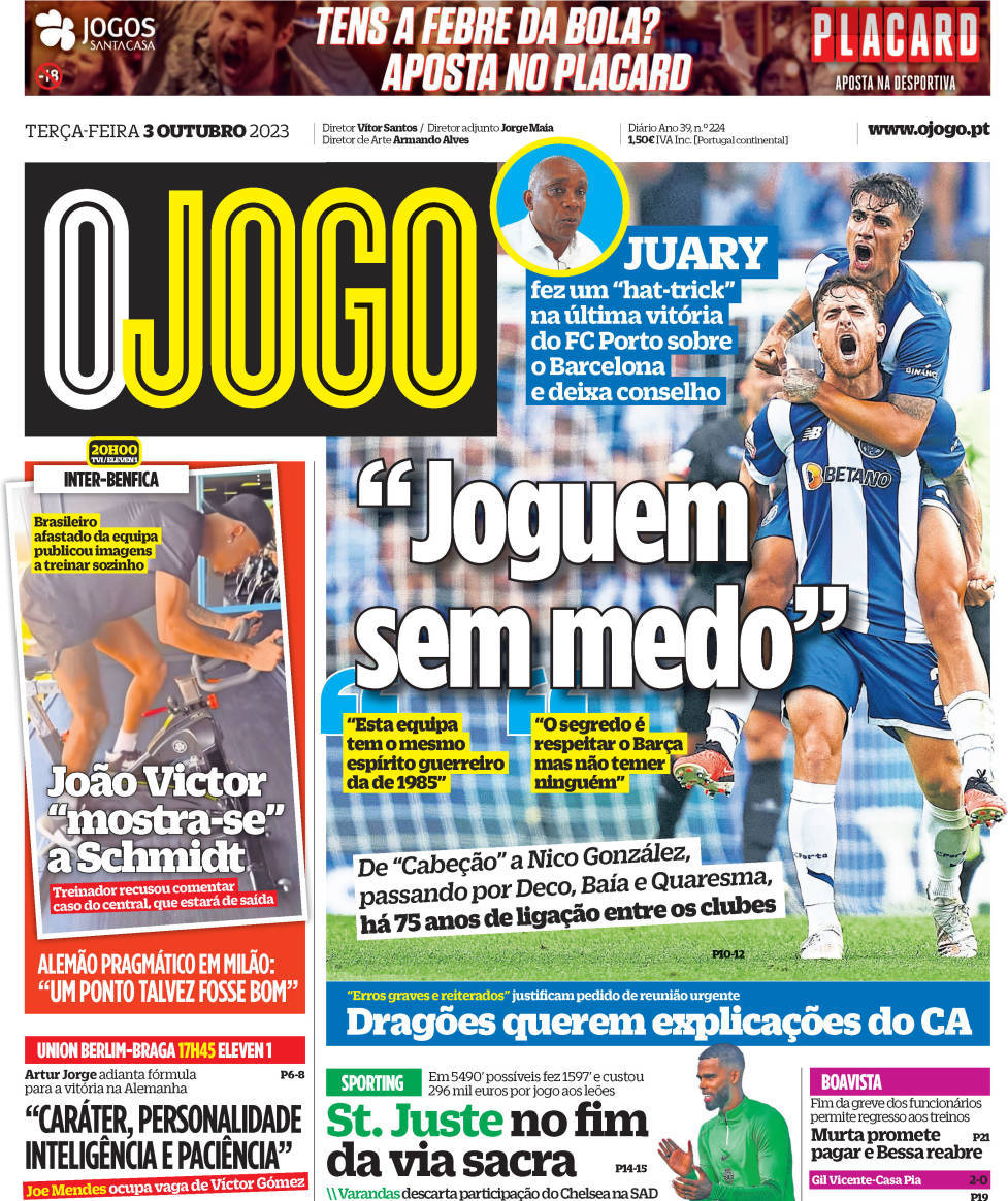 O Jogo: Capa da Edi&ccedil;&atilde;o de ter&ccedil;a-feira, 03 de outubro 2023
