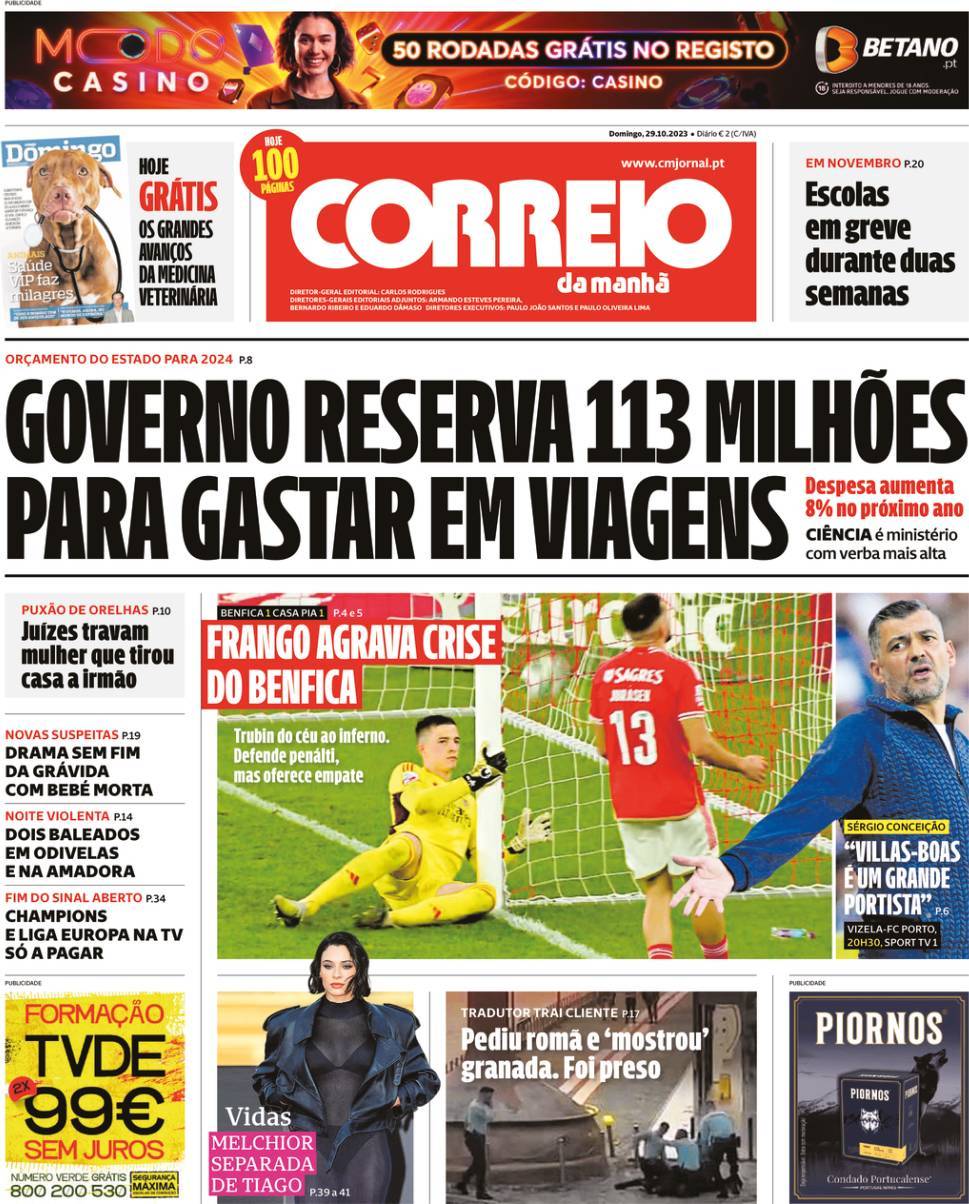 Correio da Manh&atilde;: Capa da Edi&ccedil;&atilde;o de domingo, 29 de outubro 2023