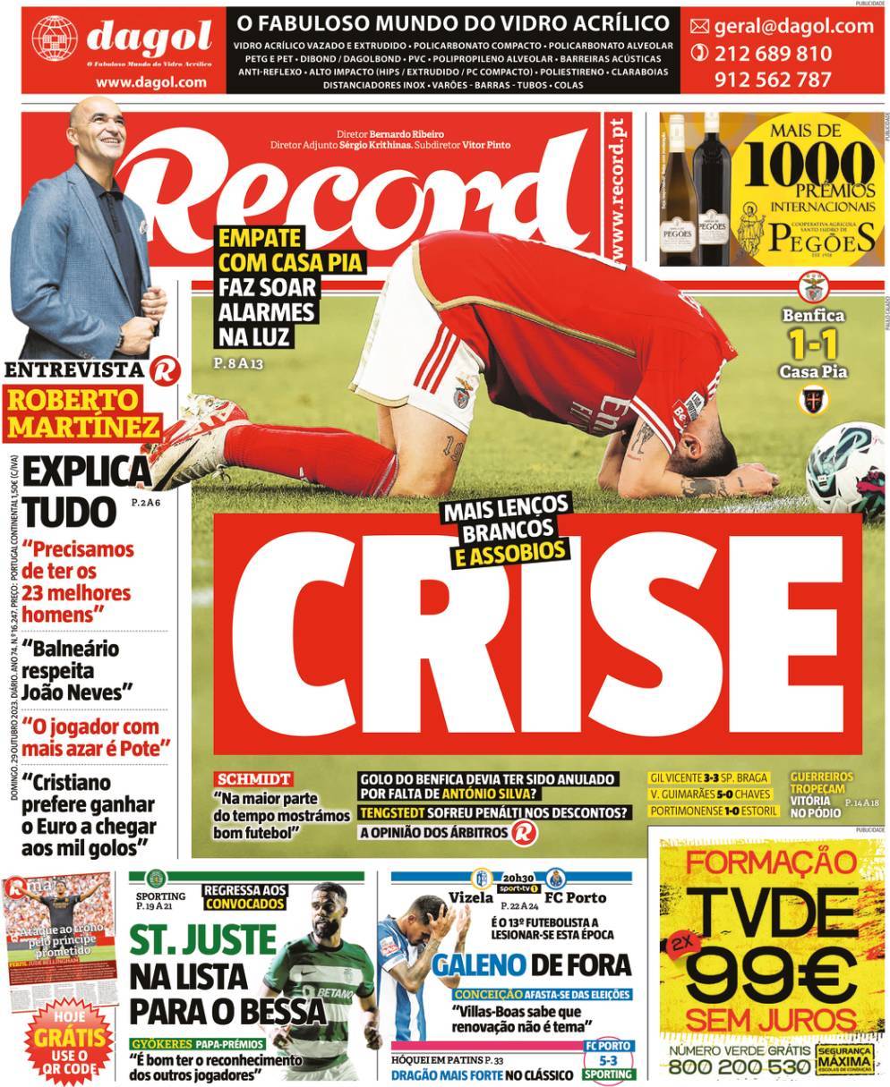 O Jogo: Capa da Edi&ccedil;&atilde;o de domingo, 29 de outubro 2023