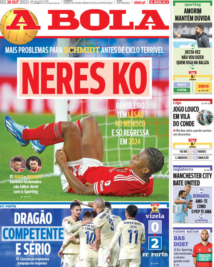 A Bola: Capa da Edi&ccedil;&atilde;o de segunda-feira, 30 de outubro 2023