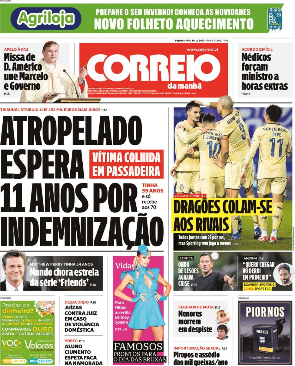 Correio da Manh&atilde;: Capa da Edi&ccedil;&atilde;o de segunda-feira, 30 de outubro 2023