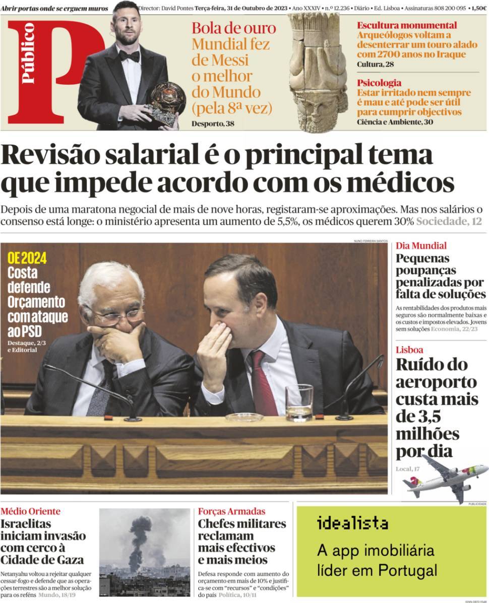 P&uacute;blico: Capa da Edi&ccedil;&atilde;o de ter&ccedil;a-feira, 31 de outubro 2023