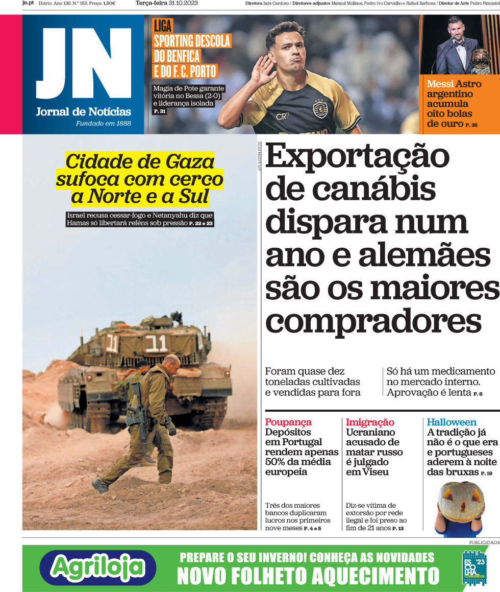 Jornal de Not&iacute;cias: Capa da Edi&ccedil;&atilde;o de ter&ccedil;a-feira, 31 de outubro 2023