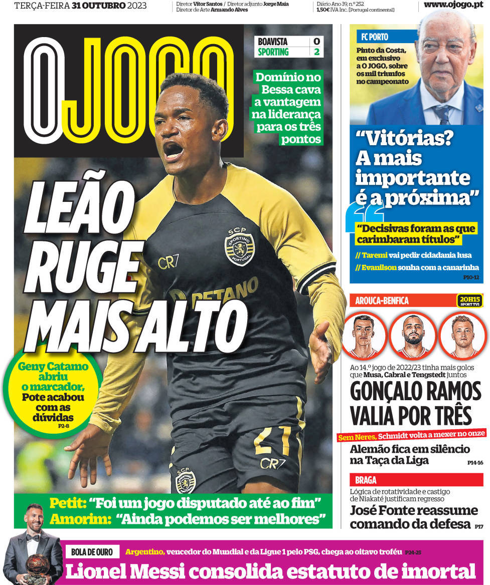 O Jogo: Capa da Edi&ccedil;&atilde;o de ter&ccedil;a-feira, 31 de outubro 2023