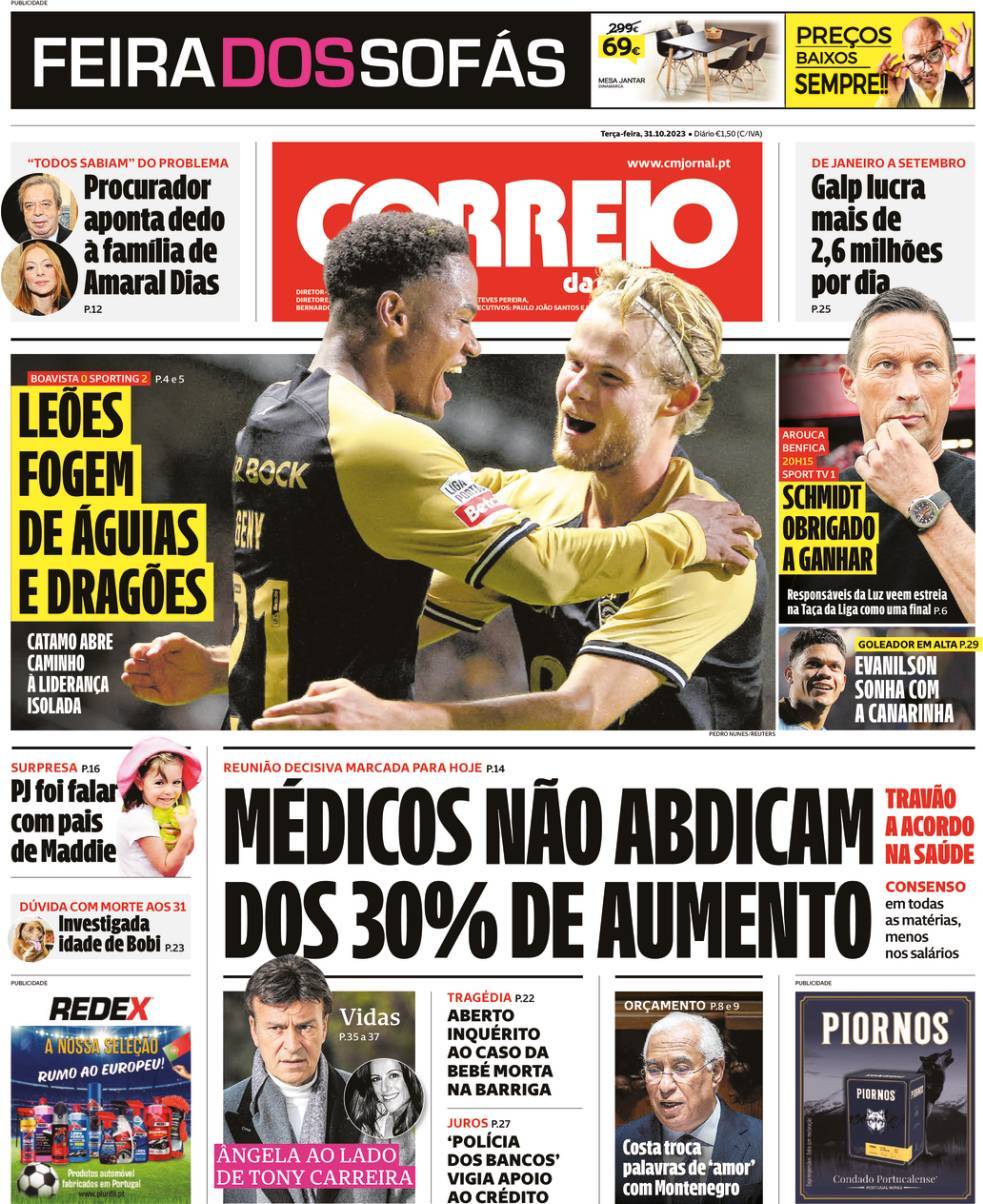 Correio da Manh&atilde;: Capa da Edi&ccedil;&atilde;o de ter&ccedil;a-feira, 31 de outubro 2023