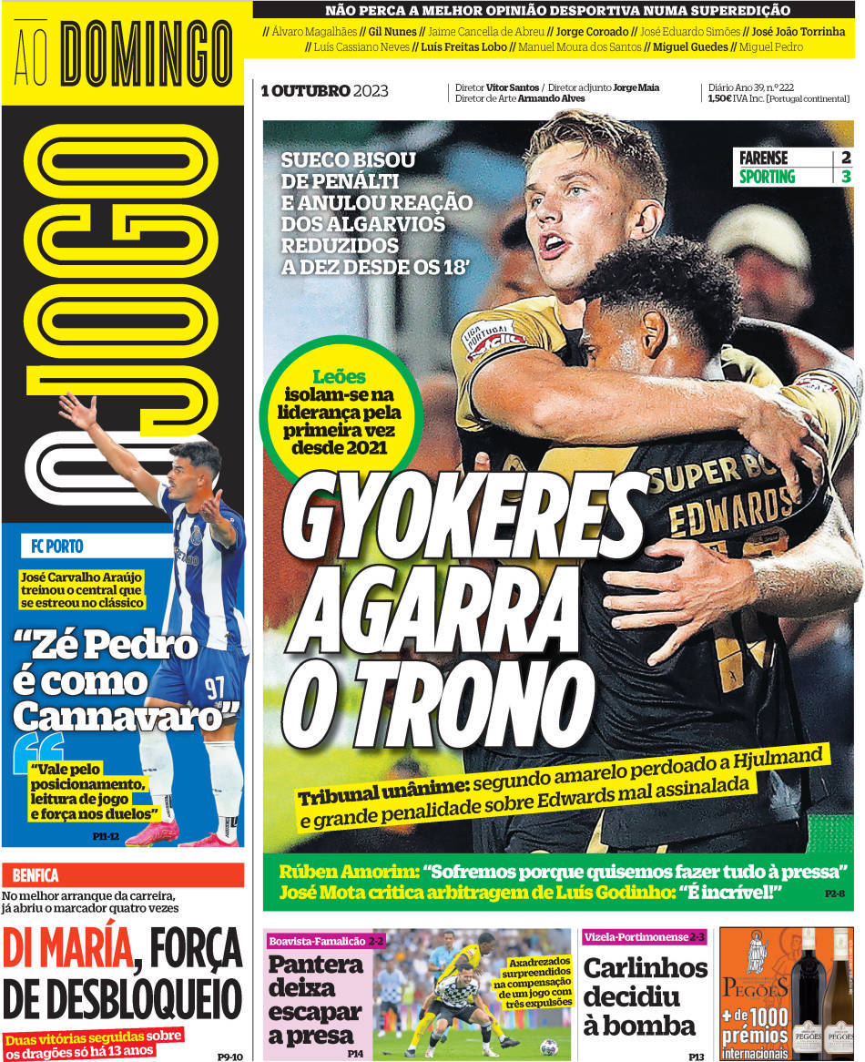 O Jogo: Capa da Edi&ccedil;&atilde;o de domingo, 01 de outubro 2023