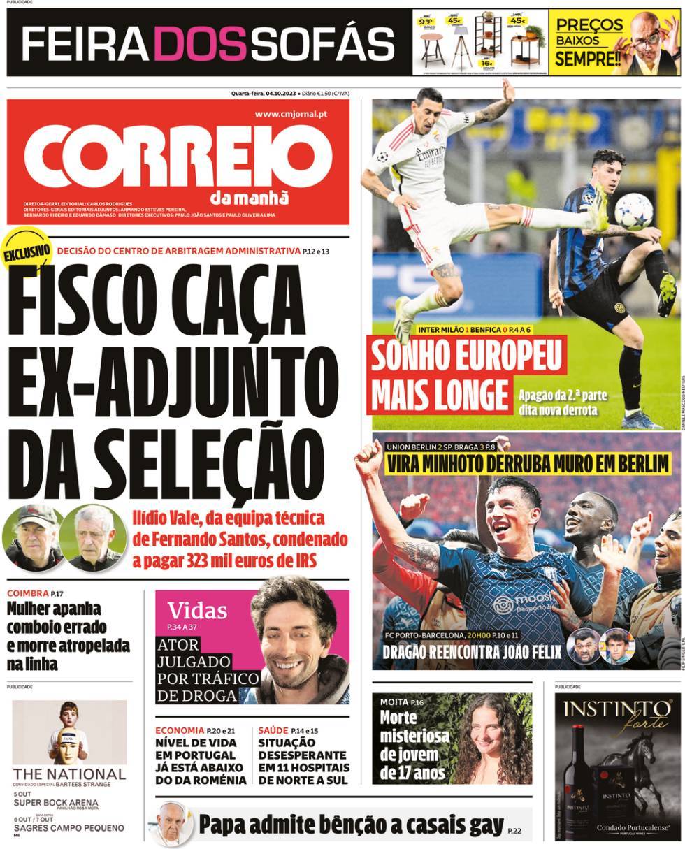 Correio da Manh&atilde;: Capa da Edi&ccedil;&atilde;o de quarta-feira, 04 de outubro 2023