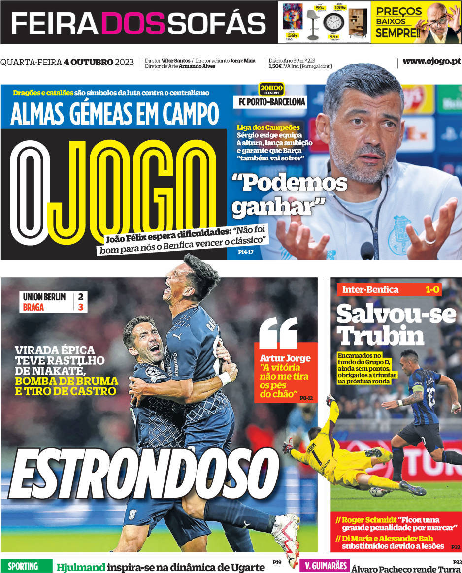 O Jogo: Capa da Edi&ccedil;&atilde;o de quarta-feira, 04 de outubro 2023