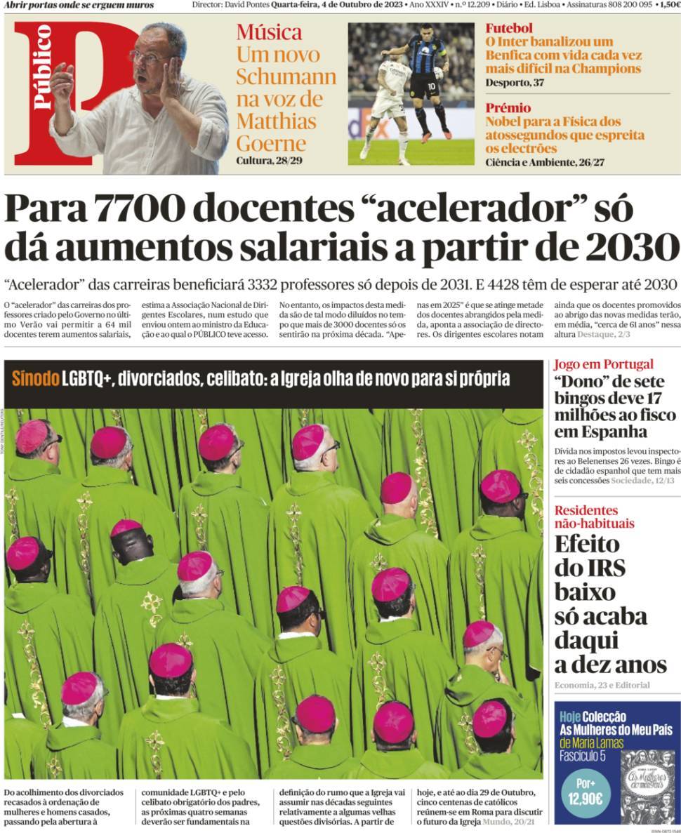 P&uacute;blico: Capa da Edi&ccedil;&atilde;o de quarta-feira, 04 de outubro 2023