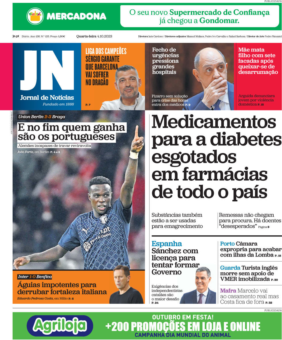 Jornal de Not&iacute;cias: Capa da Edi&ccedil;&atilde;o de quarta-feira, 04 de outubro 2023