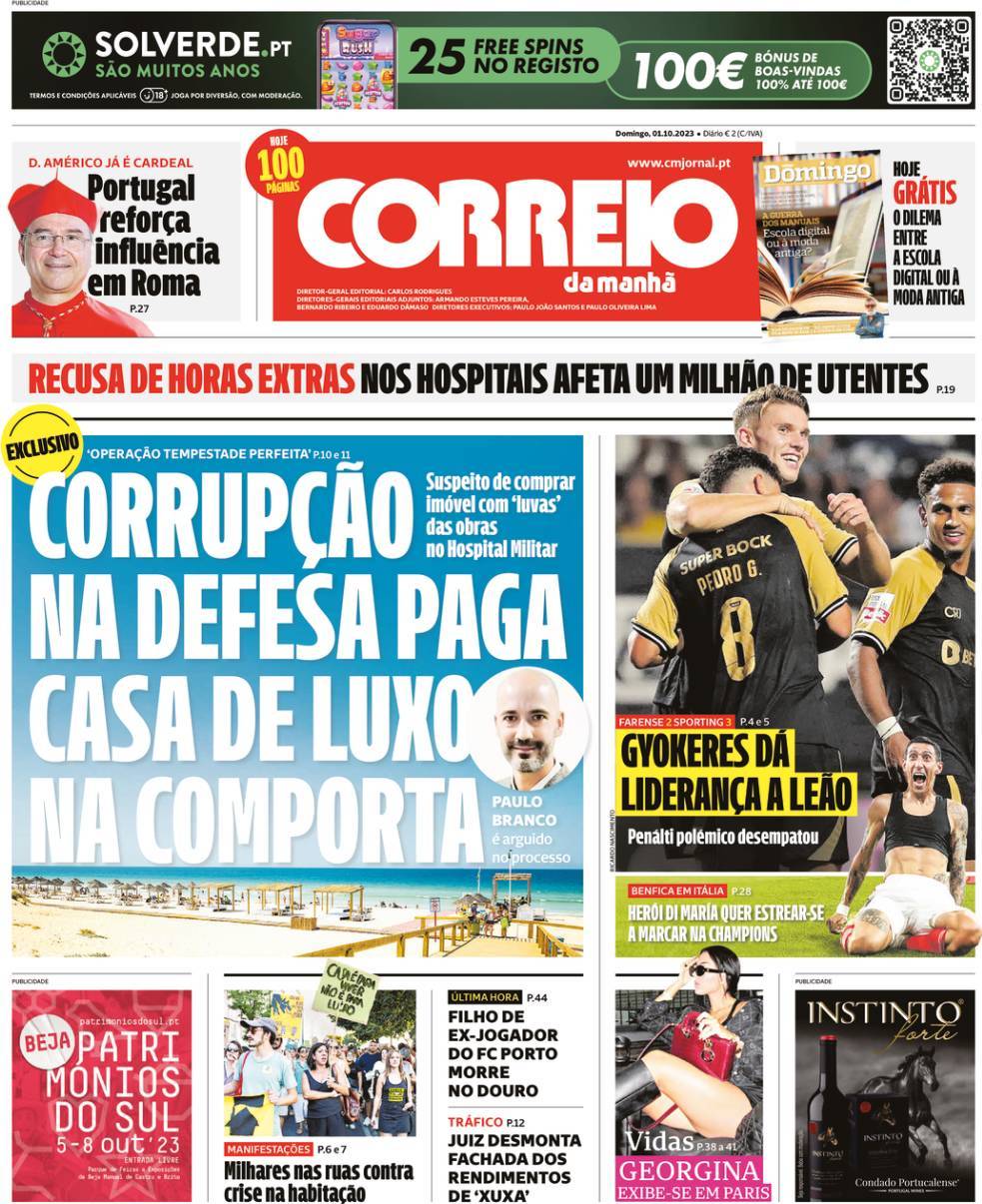 Correio da Manh&atilde;: Capa da Edi&ccedil;&atilde;o de domingo, 01 de outubro 2023