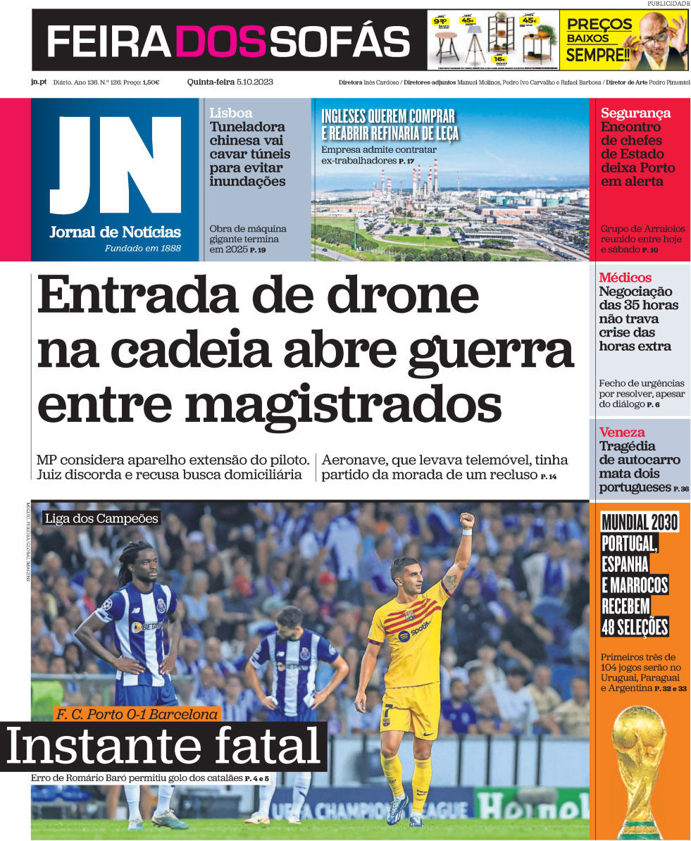 Jornal de Not&iacute;cias: Capa da Edi&ccedil;&atilde;o de quinta-feira, 05 de outubro 2023