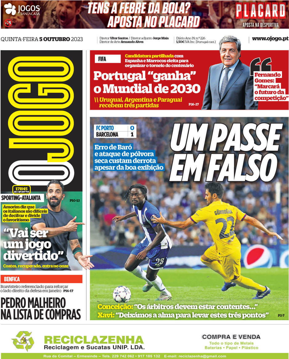 O Jogo: Capa da Edi&ccedil;&atilde;o de quinta-feira, 05 de outubro 2023