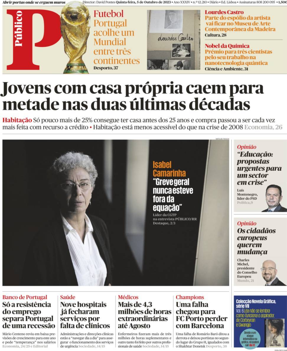 P&uacute;blico: Capa da Edi&ccedil;&atilde;o de quinta-feira, 05 de outubro 2023