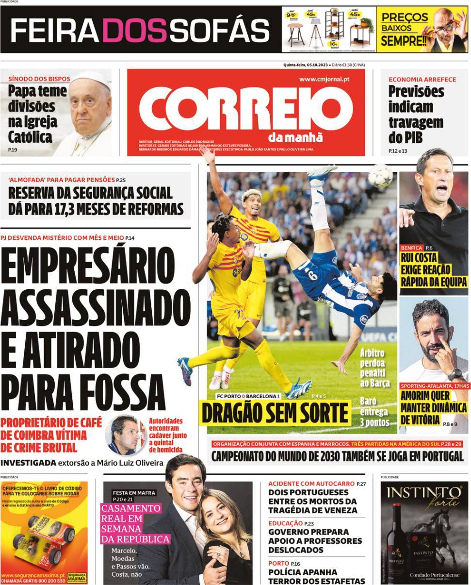 Correio da Manh&atilde;: Capa da Edi&ccedil;&atilde;o de quinta-feira, 05 de outubro 2023