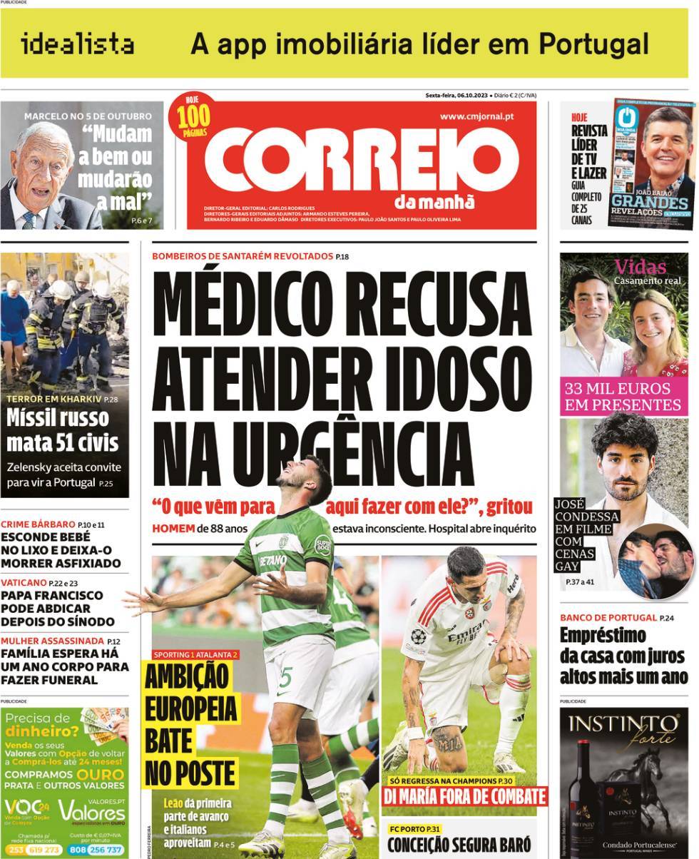 A Bola: Capa da Edi&ccedil;&atilde;o de sexta-feira, 06 de outubro 2023