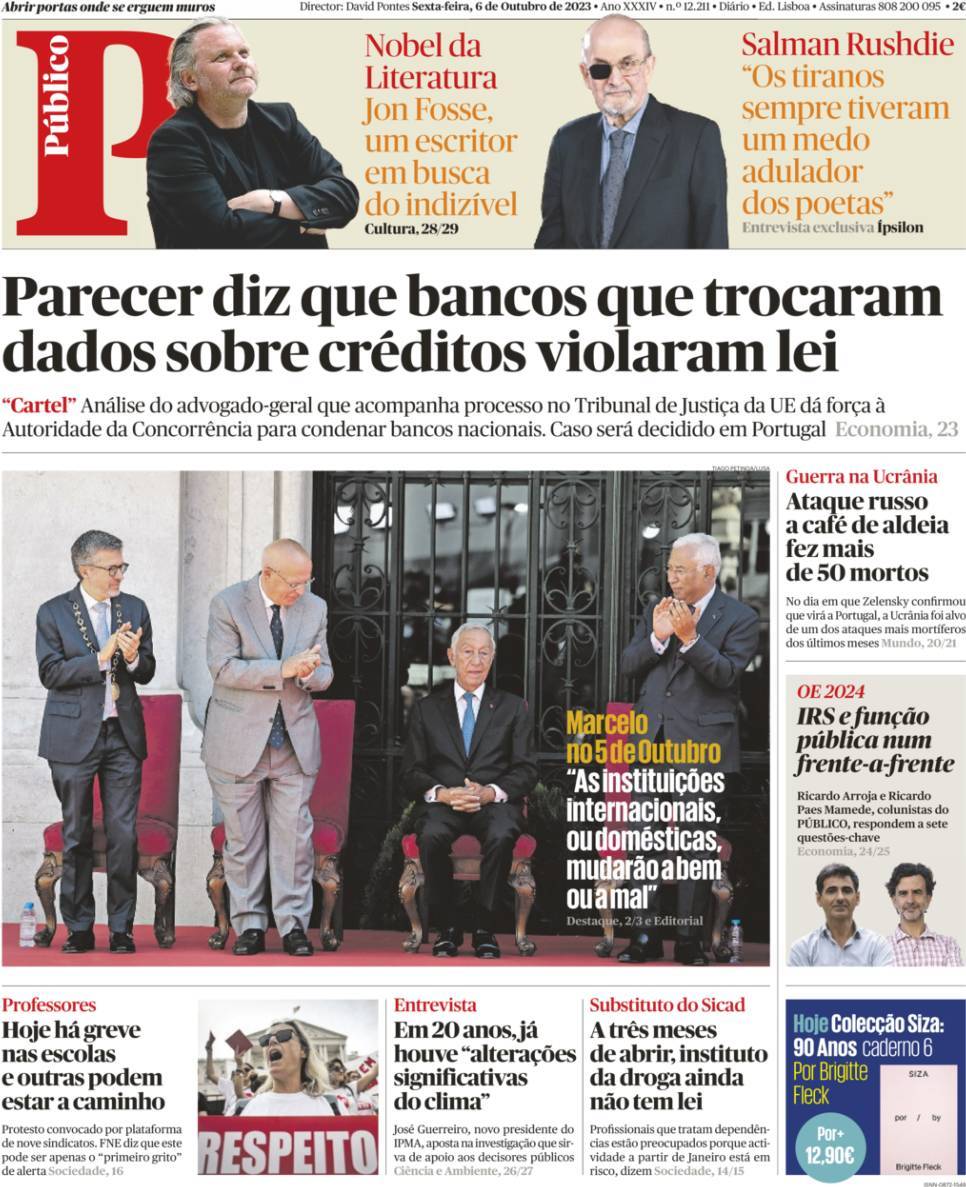 P&uacute;blico: Capa da Edi&ccedil;&atilde;o de sexta-feira, 06 de outubro 2023