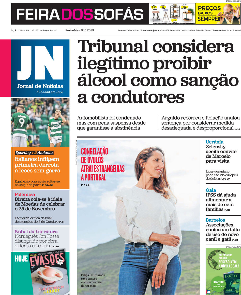 Jornal de Not&iacute;cias: Capa da Edi&ccedil;&atilde;o de sexta-feira, 06 de outubro 2023