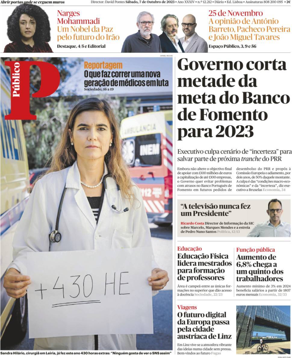 P&uacute;blico: Capa da Edi&ccedil;&atilde;o de s&aacute;bado, 07 de outubro 2023