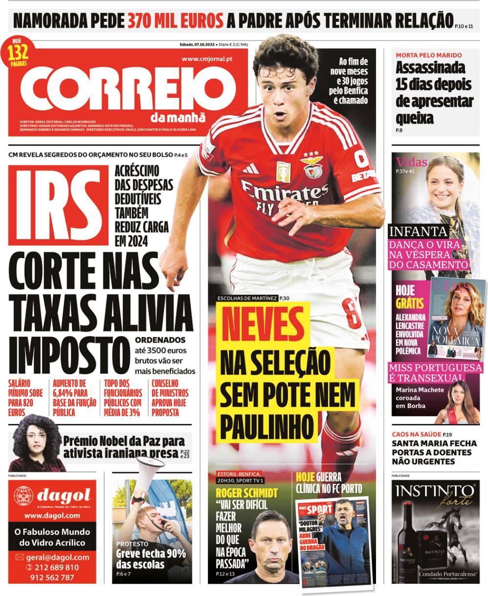 Correio da Manh&atilde;: Capa da Edi&ccedil;&atilde;o de s&aacute;bado, 07 de outubro 2023