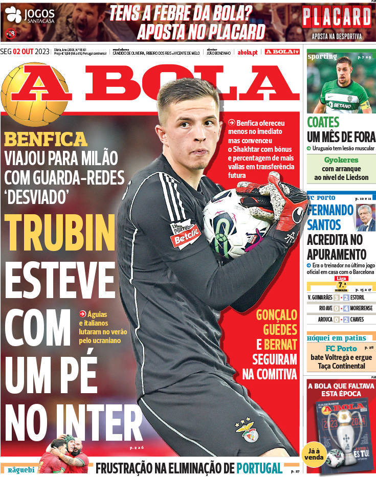 A Bola: Capa da Edi&ccedil;&atilde;o de segunda-feira, 02 de outubro 2023