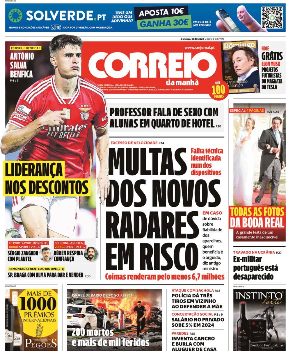 Correio da Manh&atilde;: Capa da Edi&ccedil;&atilde;o de domingo, 08 de outubro 2023