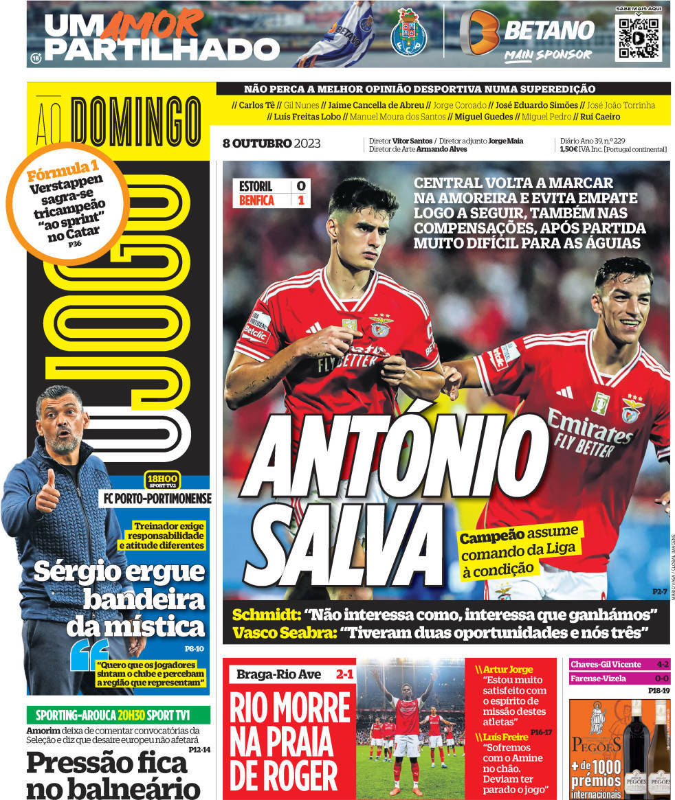 O Jogo: Capa da Edi&ccedil;&atilde;o de domingo, 08 de outubro 2023