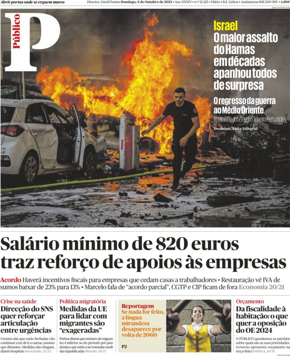 P&uacute;blico: Capa da Edi&ccedil;&atilde;o de domingo, 08 de outubro 2023