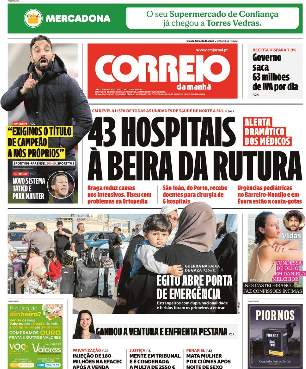 Correio da Manh&atilde;: Capa da Edi&ccedil;&atilde;o de quinta-feira, 02 de novembro 2023