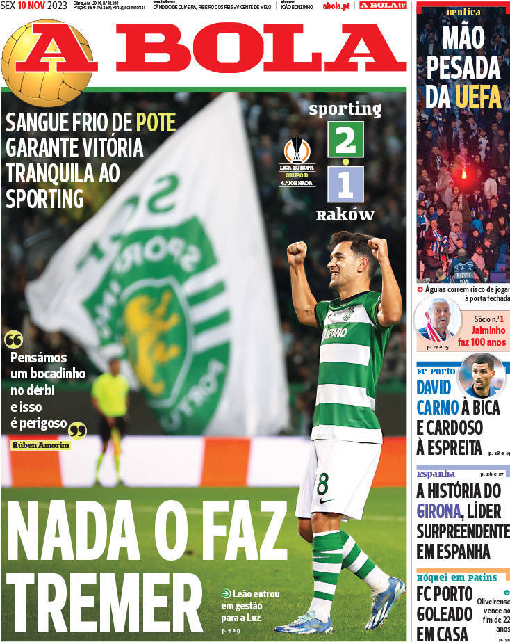 A Bola: Capa da Edi&ccedil;&atilde;o de sexta-feira, 10 de novembro 2023