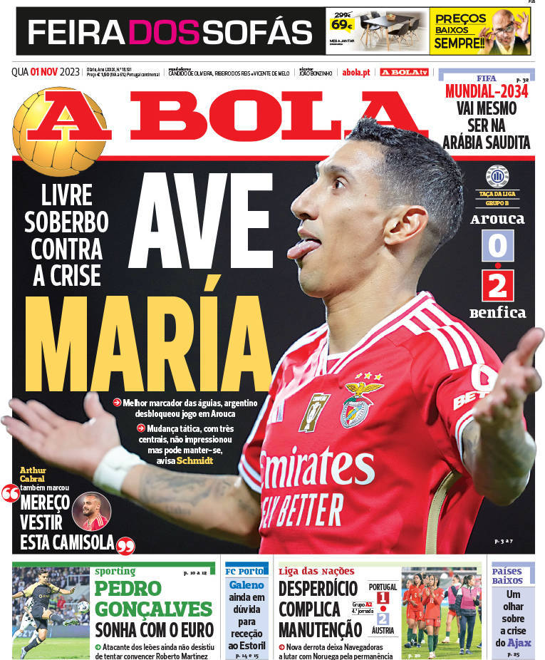 A Bola: Capa da Edi&ccedil;&atilde;o de quarta-feira, 01 de novembro 2023