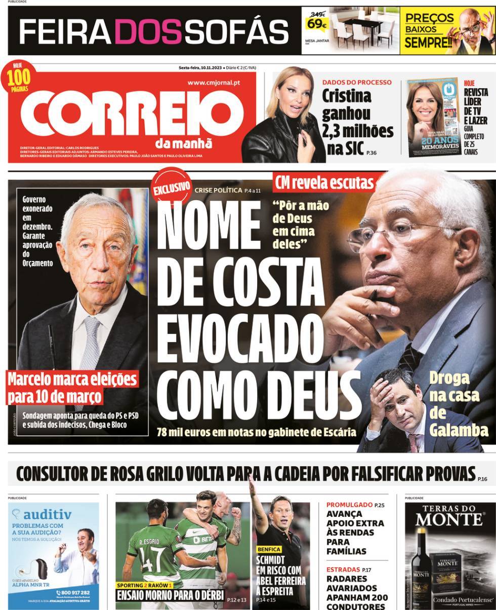 Correio da Manh&atilde;: Capa da Edi&ccedil;&atilde;o de sexta-feira, 10 de novembro 2023