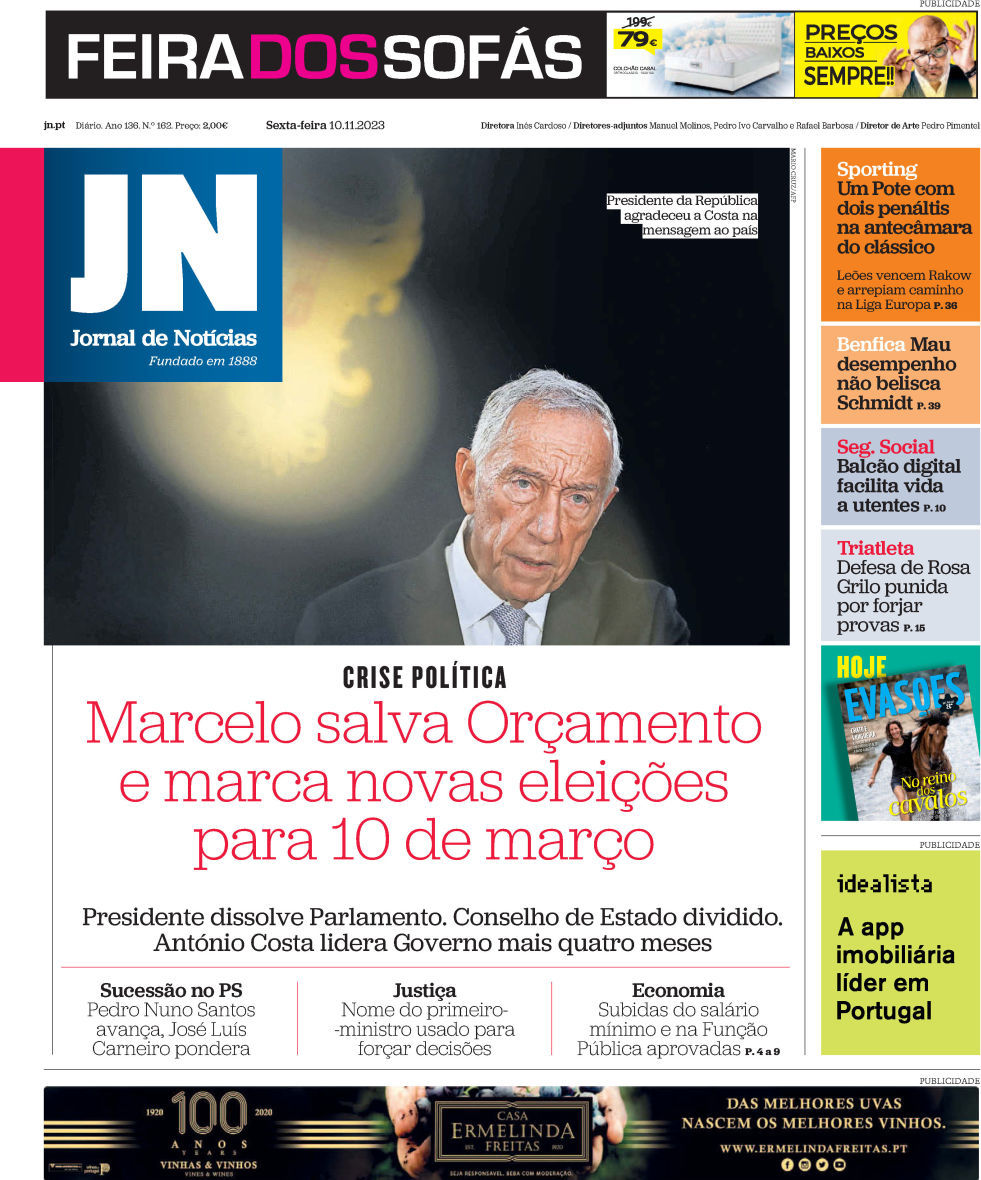 Jornal de Not&iacute;cias: Capa da Edi&ccedil;&atilde;o de sexta-feira, 10 de novembro 2023