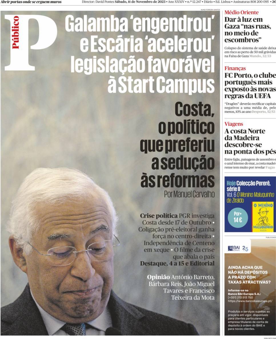 P&uacute;blico: Capa da Edi&ccedil;&atilde;o de s&aacute;bado, 11 de novembro 2023