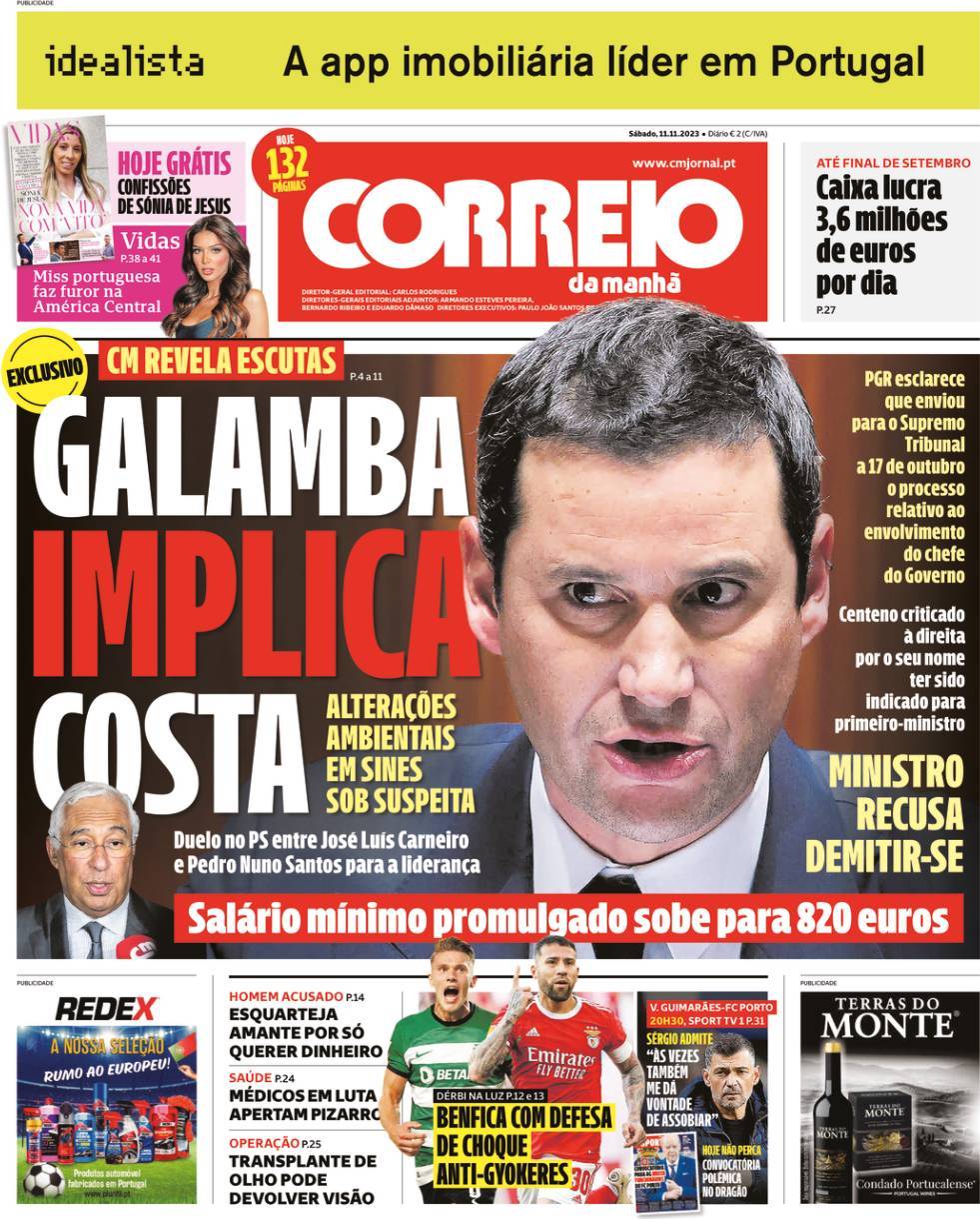 Correio da Manh&atilde;: Capa da Edi&ccedil;&atilde;o de s&aacute;bado, 11 de novembro 2023