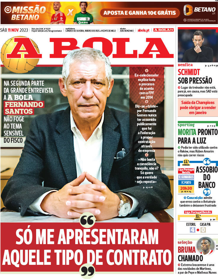 A Bola: Capa da Edi&ccedil;&atilde;o de s&aacute;bado, 11 de novembro 2023