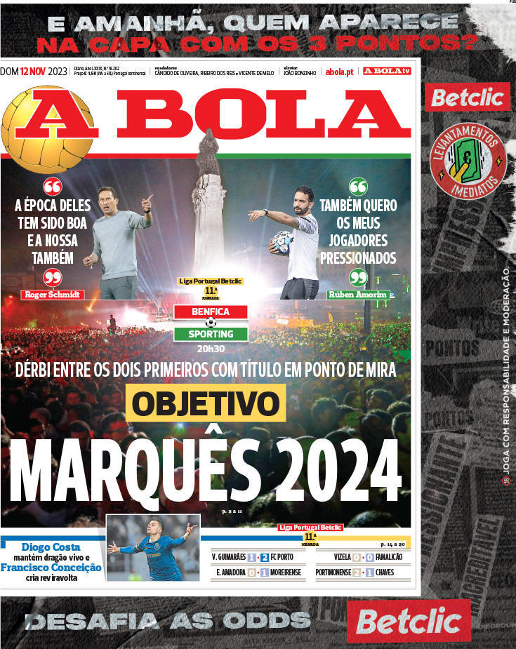 A Bola: Capa da Edi&ccedil;&atilde;o de domingo, 12 de novembro 2023