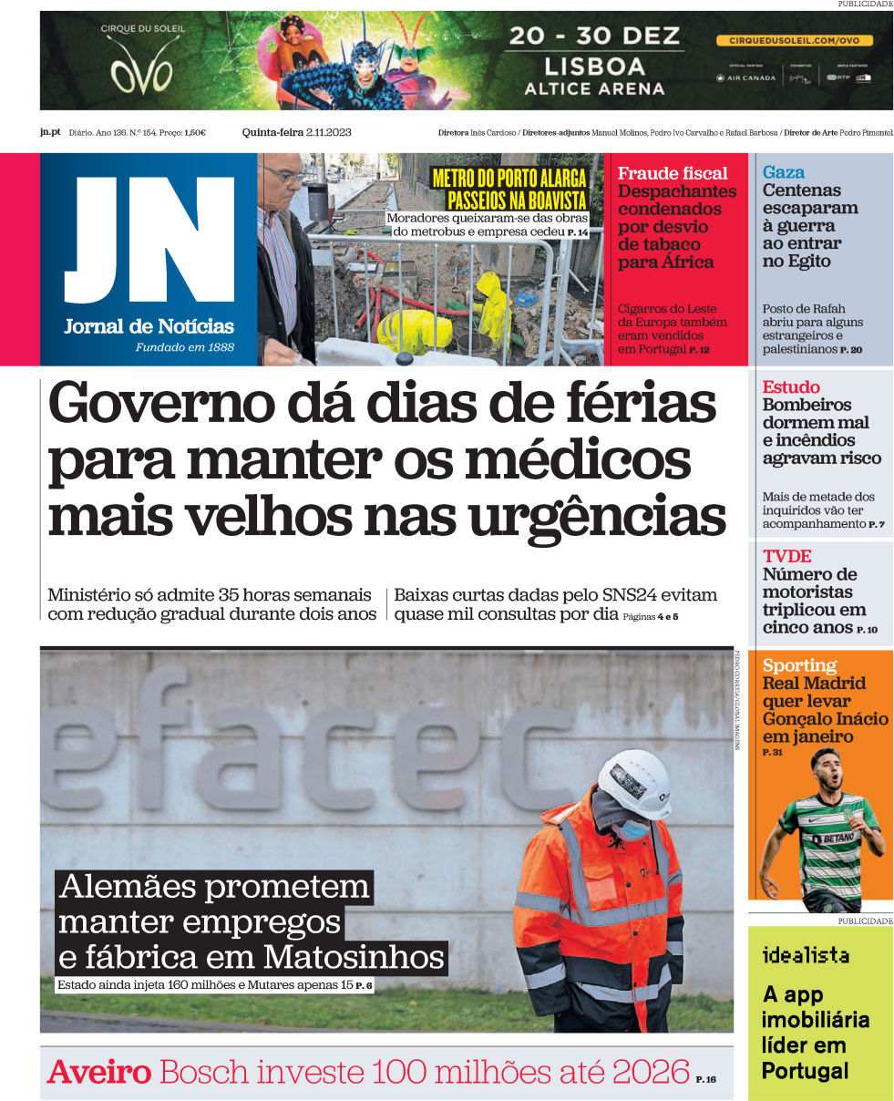 Jornal de Not&iacute;cias: Capa da Edi&ccedil;&atilde;o de quinta-feira, 02 de novembro 2023