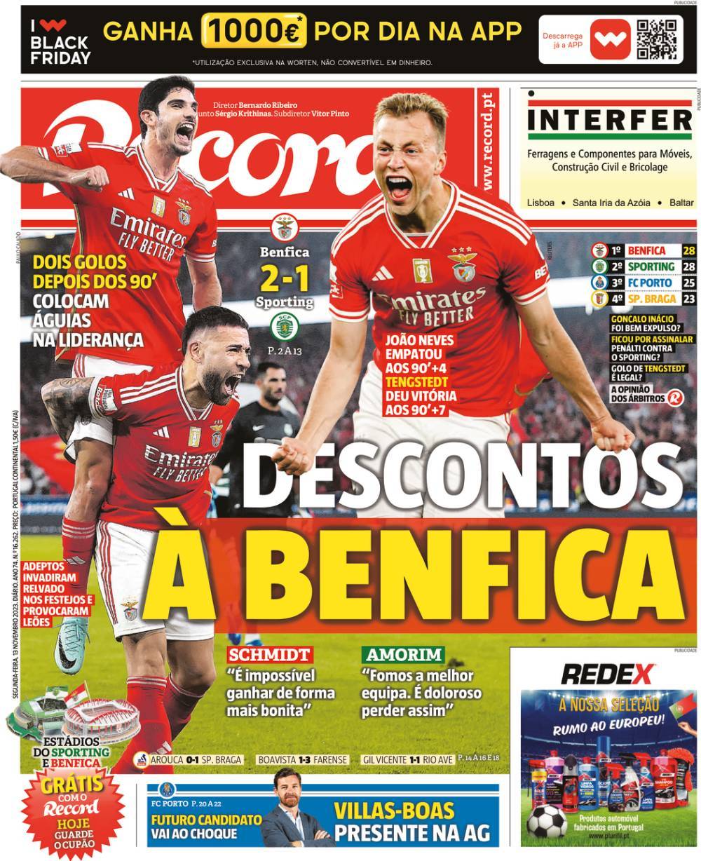 Record: Capa da Edi&ccedil;&atilde;o de segunda-feira, 13 de novembro 2023